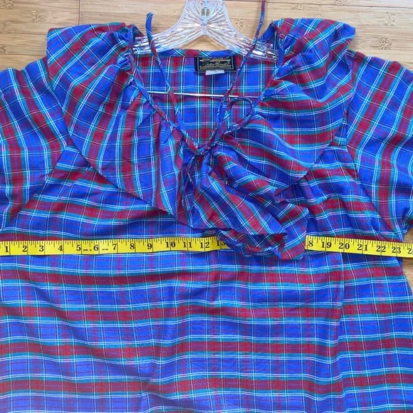 Eddie Bauer Womens L Ruffle Neck 3/4 length Nightgown Red Blue PLAID 90s USA - Picture 10 of 14